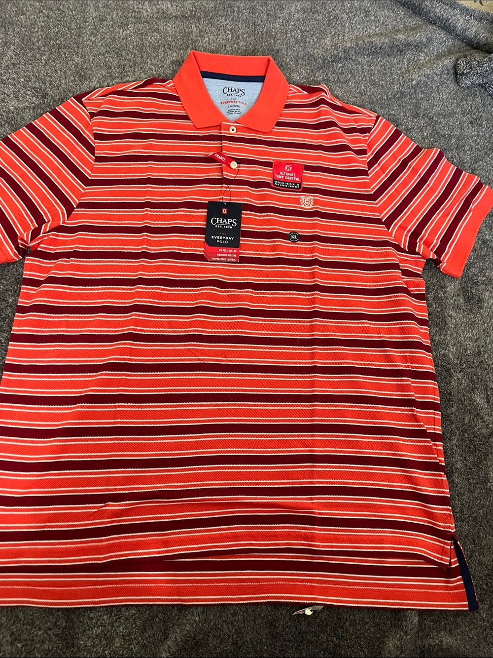 Chaps Men’s Red, Orange and White Striped Polo